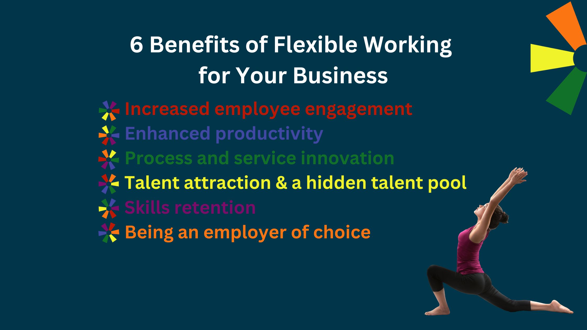 Dazzle Business support graphic summarising 6 benefits of flexible working for your business